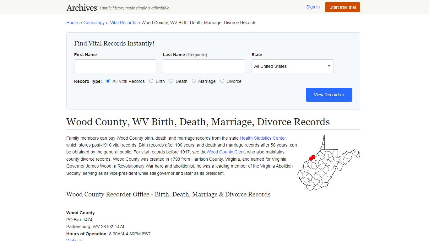 Wood County, WV Birth, Death, Marriage, Divorce Records - Archives.com